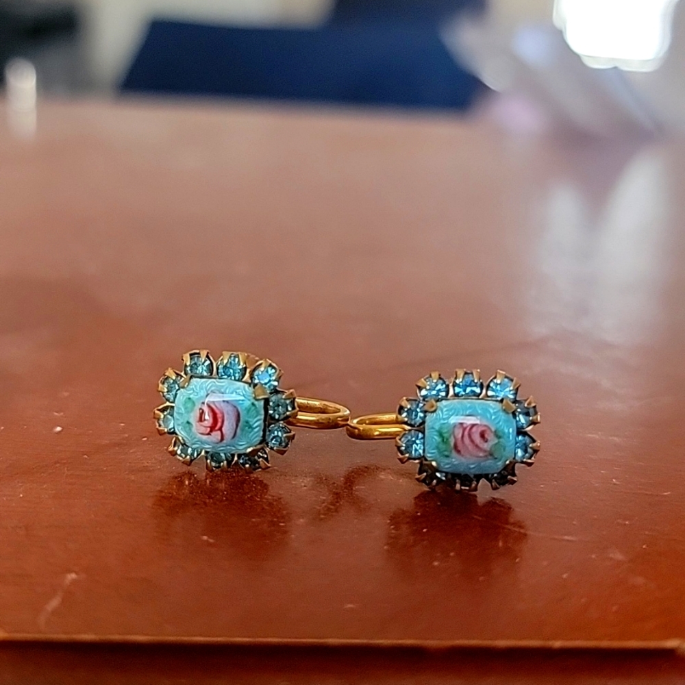 Vintage Guilloche Enamel Rose Earrings with Sparkly Blue Rhinestones